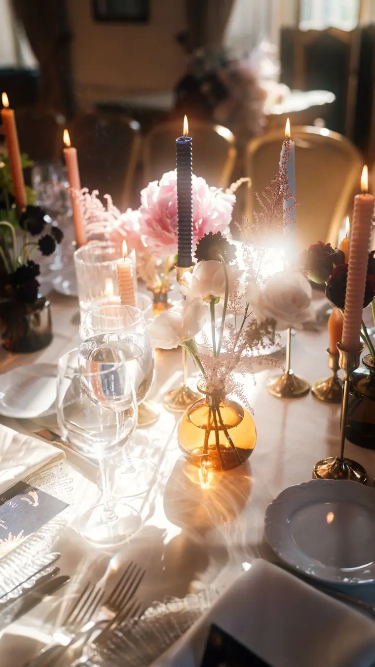 A long dinner table at night with pink flowers, coloured taper candles and glassware catching the light
